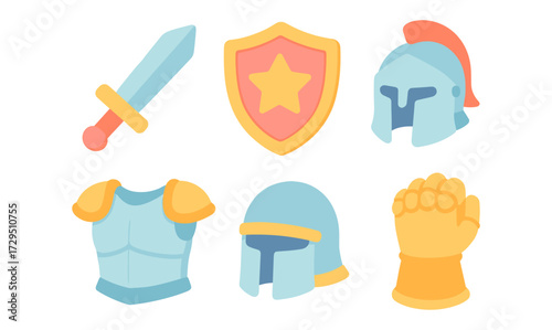 Colorful medieval icon set featuring sword, shield, and armor elements