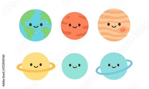 Cute cartoon planet characters with smiling faces and unique colors