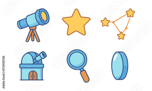 Astronomy icons: telescope, star, constellation, observatory, magnifying glass, lens