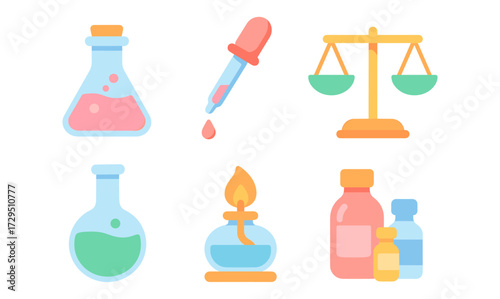 Colorful science icons with beakers, dropper, and scale for educational use