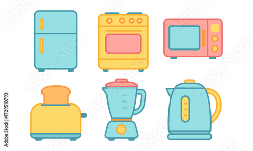 Colorful cartoon kitchen appliances set featuring fridge, oven, microwave, and more