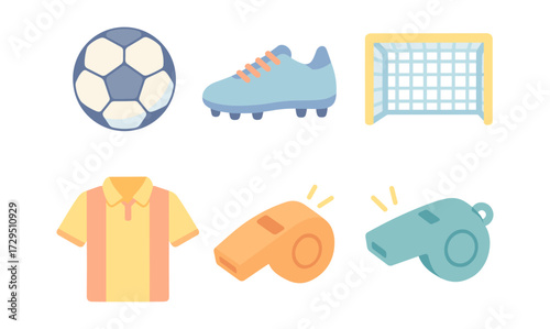Colorful soccer equipment icons set featuring balls, shoes, goals, jerseys, and whistles