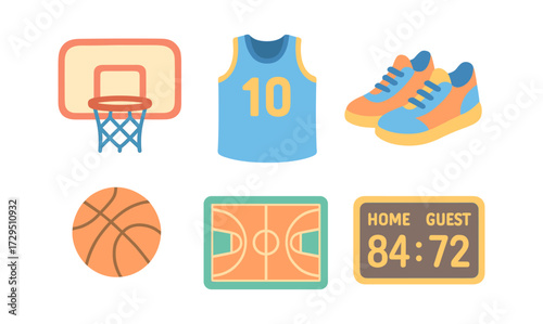 Colorful flat design basketball icons set with court and jersey
