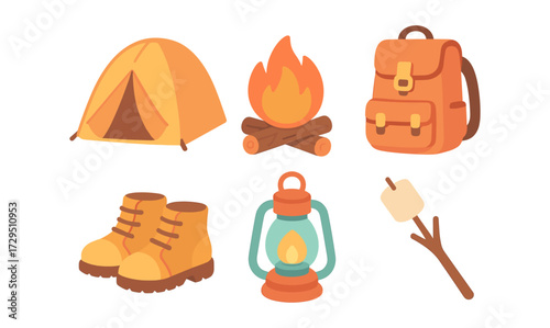 Camping essentials set: adventure ready gear with tent, campfire, and backpack