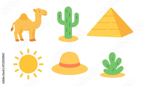 Desert icons collection: camel, cactus, pyramid, sun, hat, plant