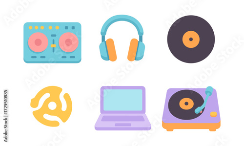 Retro music technology icons: headphones, dj controller, vinyl