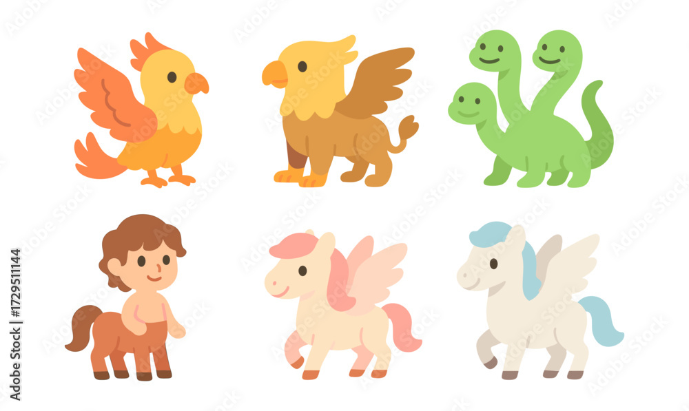 Obraz premium Cute mythical creatures set with cartoon style phoenix, griffin, hydra, centaur, and pegasus