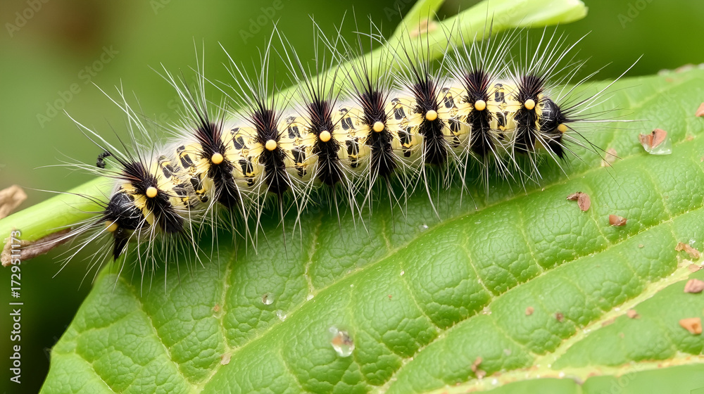 Fototapeta premium Nature's Sign: Hairy Caterpillars (Orgyia thyellina) Explore Leaf Tips in Spring