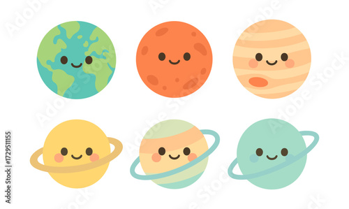 Cute cartoon planets with smiling faces in flat pastel style for kids