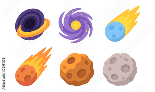 Space elements set: comets, meteors, galaxies, and asteroids in flat cartoon style