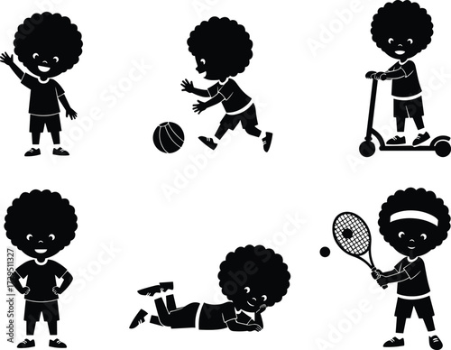 PrintAfro hairstyle child silhouette vector, playing, running, waving, riding scooter, holding tennis racket, lying down, standing pose, kids activity illustration set