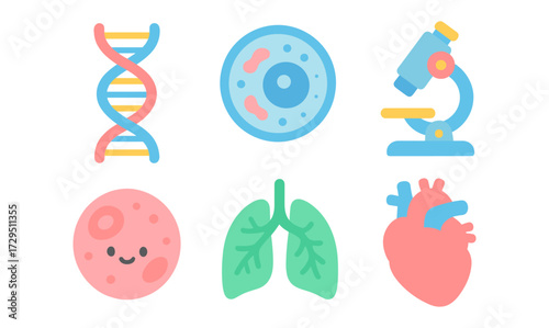 Colorful medical icons: dna, cells, microscope, lungs, heart in flat style