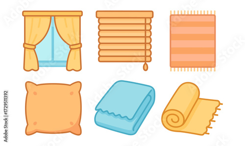 Flat style home textiles and window coverings icons set