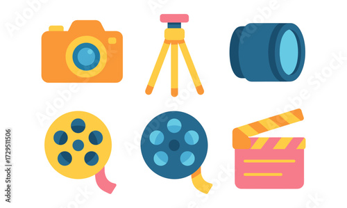 Colorful flat style camera equipment icons for film and photography