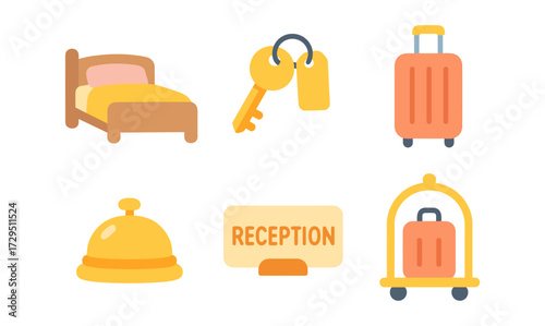Hotel icons set featuring bed, key, luggage, and reception elements in flat design