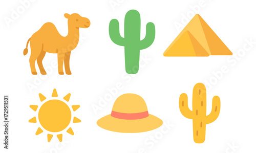 Desert themed icons: camel, cactus, pyramids, sun, hat in minimal style