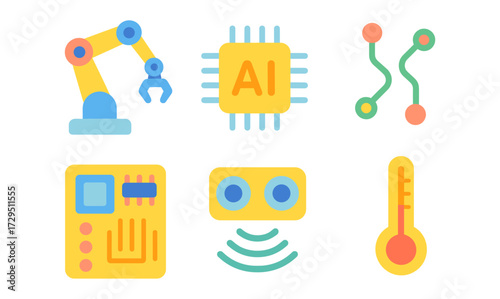 Colorful flat design depicting ai and robotics with technology elements