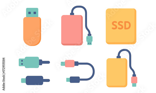 Colorful flat design of digital storage devices for modern tech