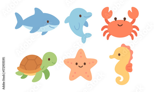 Cute sea creatures collection featuring playful marine animals in cartoon style