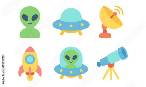 Colorful cartoon alien and space exploration icons for kids