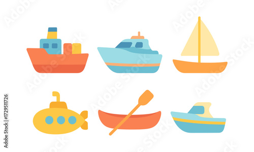 Colorful flat style nautical icons of various boats and submarine