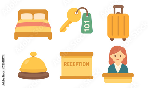 Hotel essentials icons: flat style set with bed, key, luggage, bell, reception sign, staff