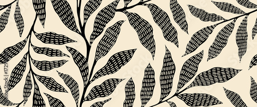 Abstract art vintage colors tropical line art leaves seamless background vector. Wallpaper design with leaves shapes and scribble doodle linear leaf. vintage botanical floral seamless pattern