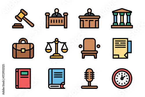Collection of Law and Justice Icons representing Legal System and Courtroom Activities