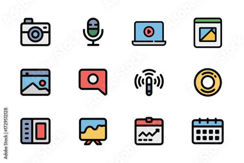 Collection of colorful media and business icons representing modern communication methods and technologies