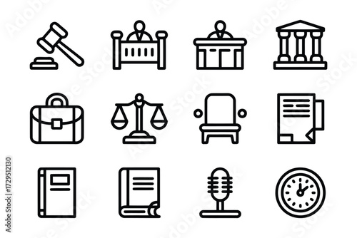 Legal System and Justice Icons Set Courtroom Law and Order Symbols Graphics Outline Style