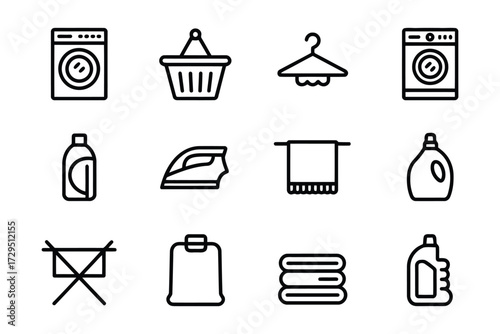 Laundry and Cleaning Line Icons Set Washing Machine Basket Iron Hanger and More