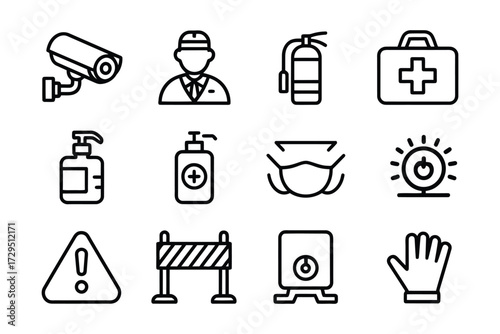Safety and security icon set for business and workplace awareness in outline style