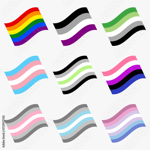 Set of wavy LGBTQIA community pride flag vector illustration.