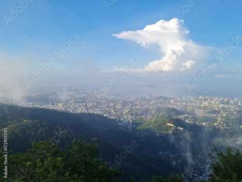 Panoramic view of Rio de Janeiro with mountains, city skyline, and bright blue sky. The photos capture famous landmarks such as Sugarloaf Mountain and the Christ the Redeemer statue in the distance, w