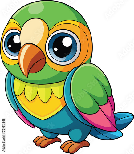 Adorable cartoon baby parrot with big blue eyes and colorful feathers