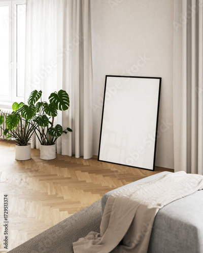 Mock up poster in modern minimalist home interior, Scandinavian style, 3d render