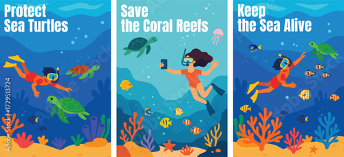 A set of three colorful ocean-themed posters promoting marine conservation. Perfect for awareness campaigns, educational projects, eco events, and environmental organizations.