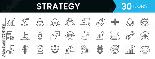 Modern Minimal Line Strategy Icons Set with Business Planning, Vision, Roadmap, Growth, Leadership, Risk Management and Success Symbols