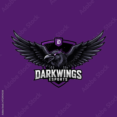 Darkwings Esports logo design featuring a menacing raven with glowing eyes and spread wings for professional gaming branding and competitive team identity