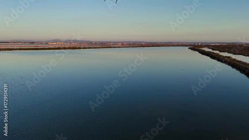 San Pedro del Pinatar Salt Flats Regional Park, Murcia Region, Spain, at dawn from a drone