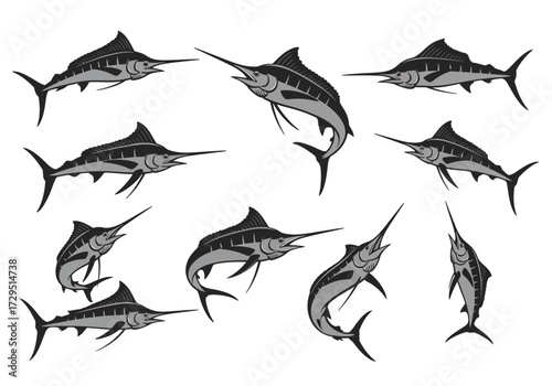 Marlin fish black silhouette vector illustration set. Collection of isolated oceanic billfish icons for sport fishing logos