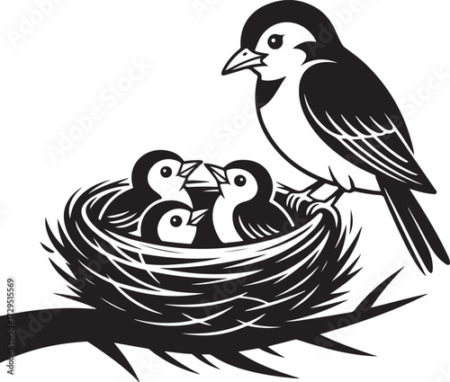 Mother bird nurturing her young in a nest.