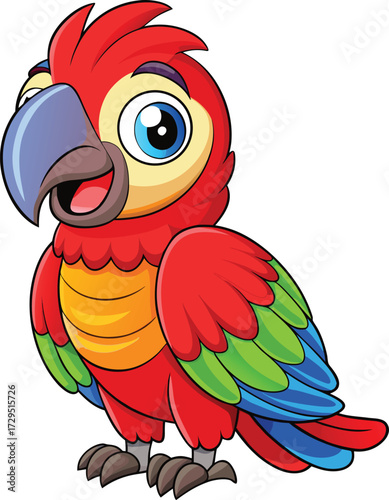 Adorable cartoon scarlet macaw parrot with big blue eyes