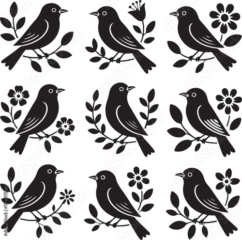 Silhouette Bird Pattern with Floral Accents