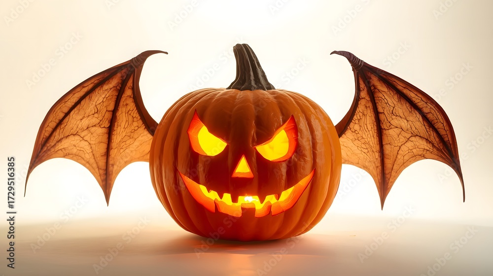Naklejka premium Bat-Winged Jack-o'-Lantern Vector with Glowing Face