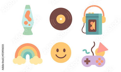 Nostalgic retro icons: lava lamp, vinyl, walkman, rainbow, smiley, game controller