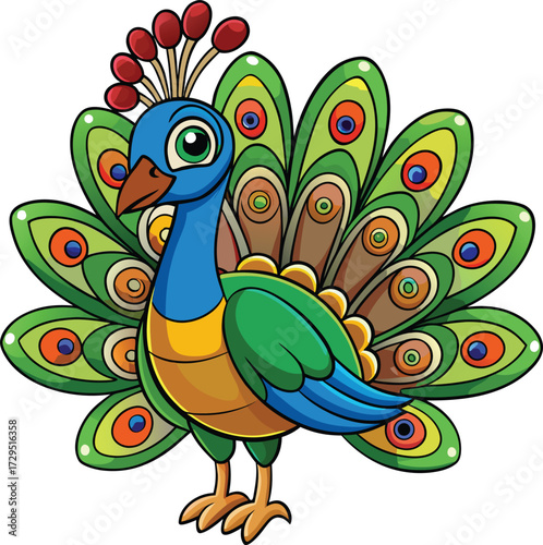 Cartoon peacock with vibrant fanned tail feathers