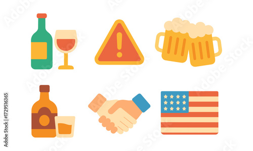 Flat icons of drinks and symbols including wine, beer, warning, and handshake