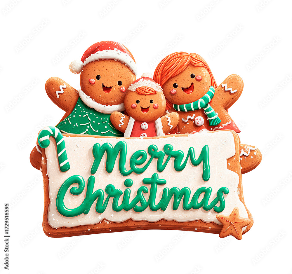 Obraz premium Watercolor gingerbread family with “Merry Christmas” sign and holly. Festive clipart, isolated on white