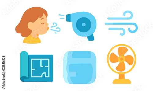 Wind and airflow icons in flat style with fan and blueprint elements